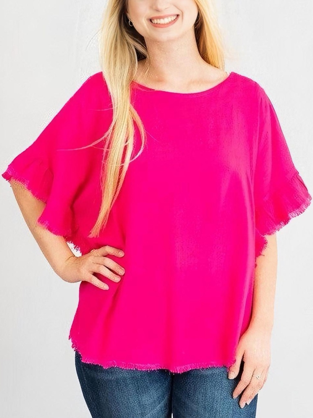 Umgee | Linen Blend Fringe Ruffle Sleeve Oversized Hot Pink Tunic Top | Sz L